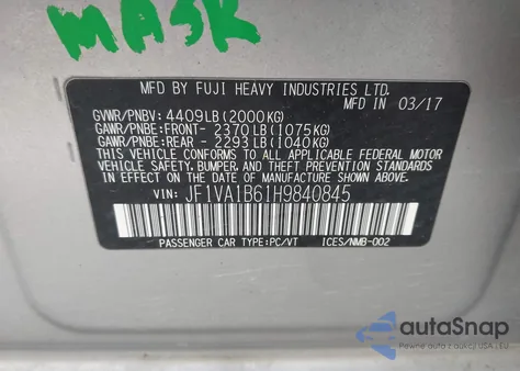 2017 Subaru Wrx from USA, damaged, VIN JF1VA1B61H9840845